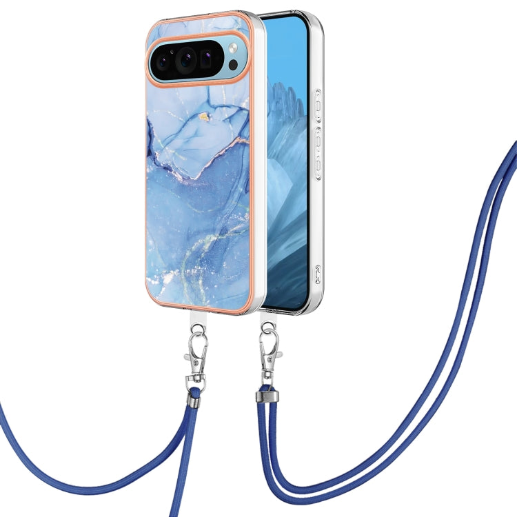 For Google Pixel 9 / 9 Pro Electroplating Marble Dual-side IMD Phone Case with Lanyard(Blue 018)
