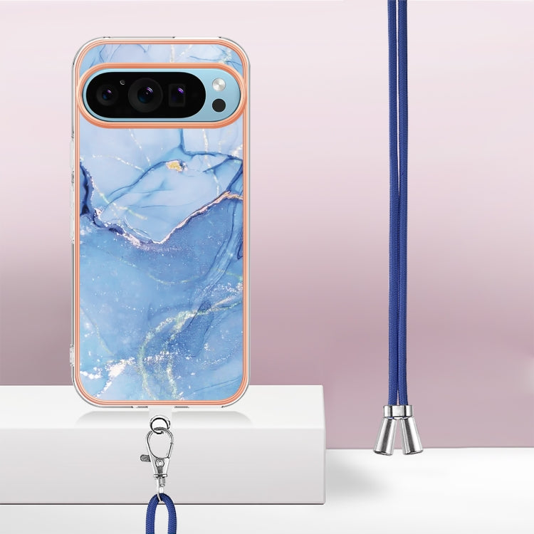 For Google Pixel 9 / 9 Pro Electroplating Marble Dual-side IMD Phone Case with Lanyard(Blue 018)