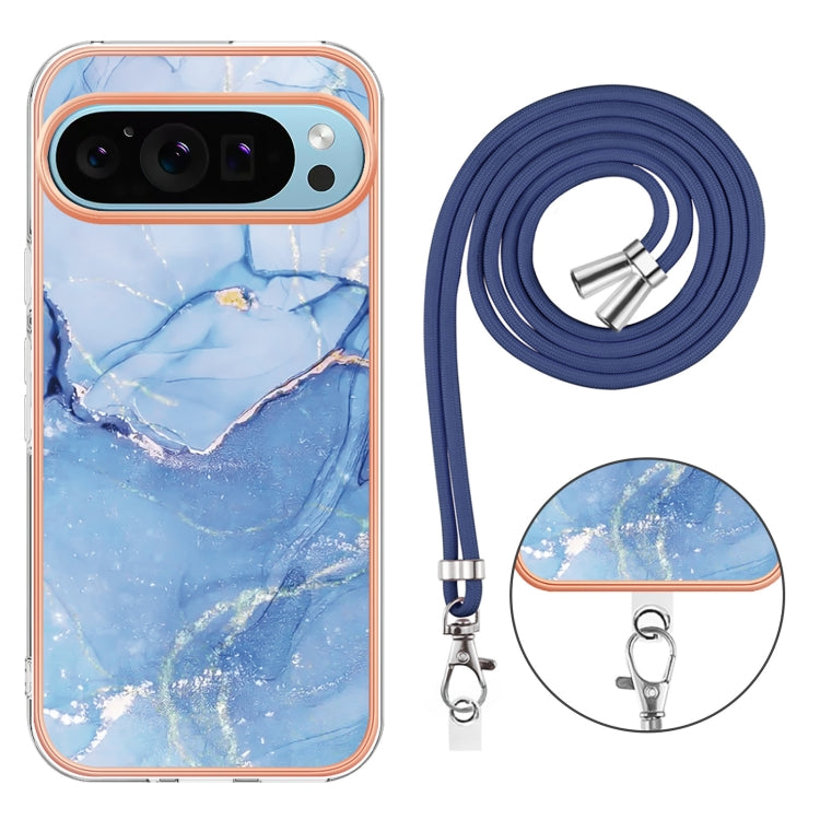 For Google Pixel 9 / 9 Pro Electroplating Marble Dual-side IMD Phone Case with Lanyard(Blue 018)