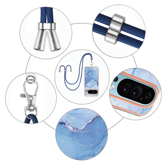 For Google Pixel 9 / 9 Pro Electroplating Marble Dual-side IMD Phone Case with Lanyard(Blue 018)