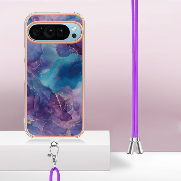 For Google Pixel 9 / 9 Pro Electroplating Marble Dual-side IMD Phone Case with Lanyard(Purple 016)