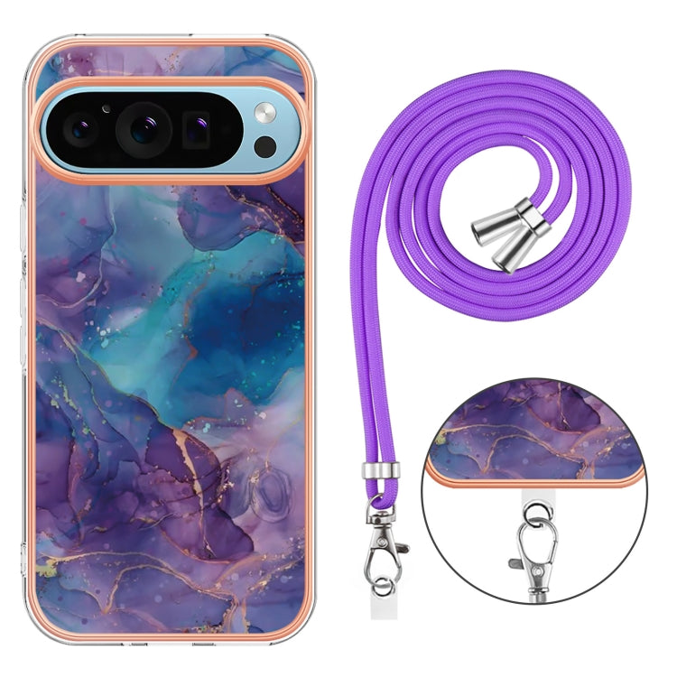For Google Pixel 9 / 9 Pro Electroplating Marble Dual-side IMD Phone Case with Lanyard(Purple 016)