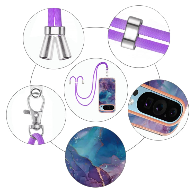 For Google Pixel 9 / 9 Pro Electroplating Marble Dual-side IMD Phone Case with Lanyard(Purple 016)