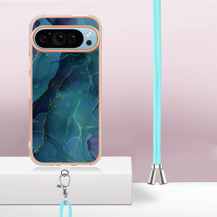 For Google Pixel 9 / 9 Pro Electroplating Marble Dual-side IMD Phone Case with Lanyard(Green 017)
