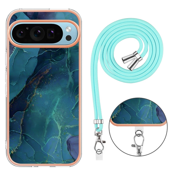 For Google Pixel 9 / 9 Pro Electroplating Marble Dual-side IMD Phone Case with Lanyard(Green 017)