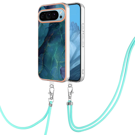 For Google Pixel 9 / 9 Pro Electroplating Marble Dual-side IMD Phone Case with Lanyard(Green 017)