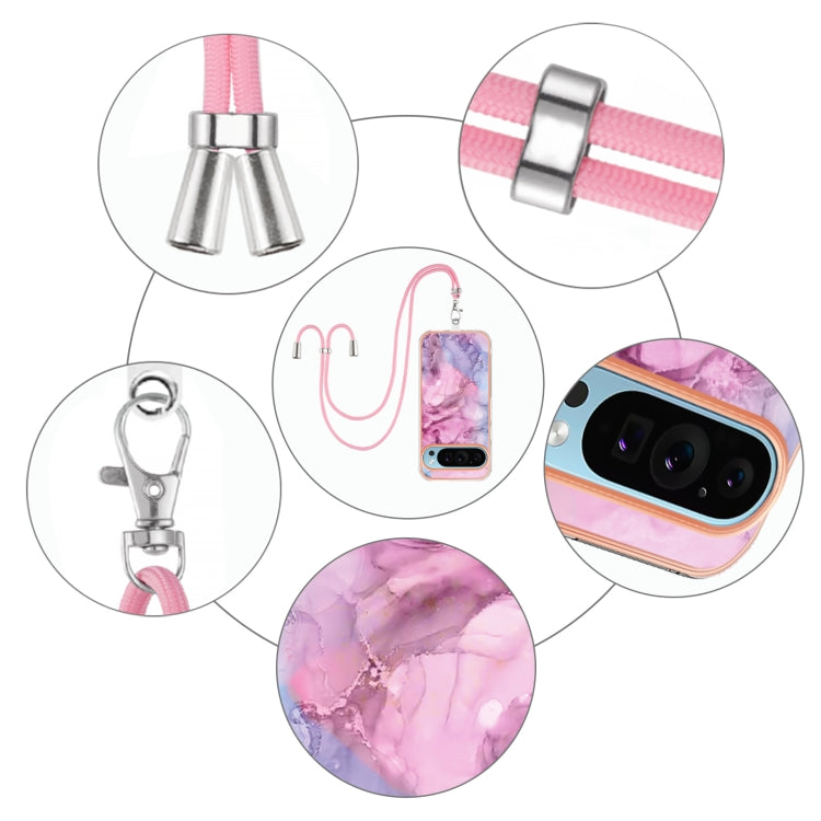 For Google Pixel 9 Pro XL Electroplating Marble Dual-side IMD Phone Case with Lanyard(Pink 013)