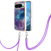 For Google Pixel 9 Pro XL Electroplating Marble Dual-side IMD Phone Case with Lanyard(Purple 016)