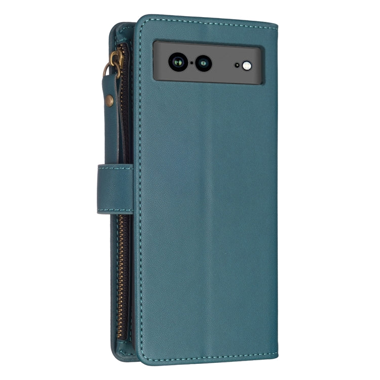 For Google Pixel 7a 9 Card Slots Zipper Wallet Leather Flip Phone Case(Green)