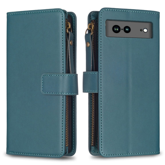 For Google Pixel 7a 9 Card Slots Zipper Wallet Leather Flip Phone Case(Green)