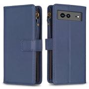 For Google Pixel 7a 9 Card Slots Zipper Wallet Leather Flip Phone Case(Blue)