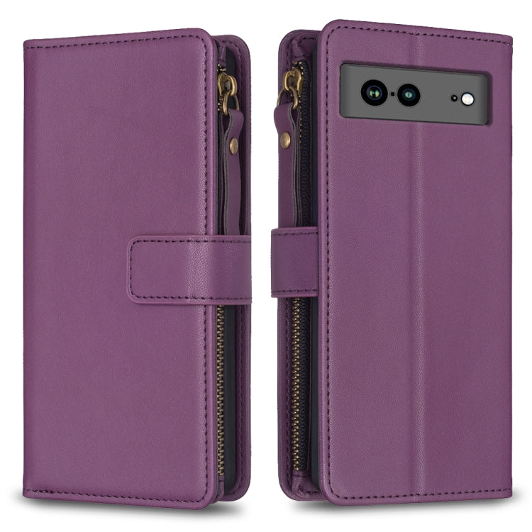 For Google Pixel 7a 9 Card Slots Zipper Wallet Leather Flip Phone Case(Dark Purple)