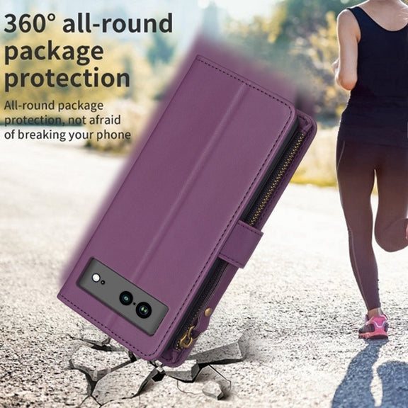 For Google Pixel 7a 9 Card Slots Zipper Wallet Leather Flip Phone Case(Dark Purple)