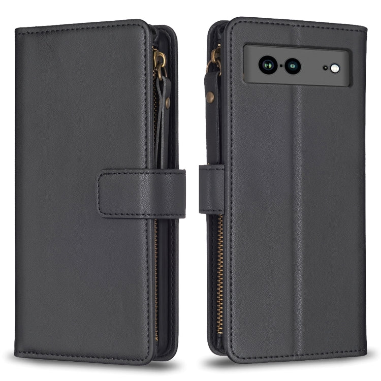For Google Pixel 7a 9 Card Slots Zipper Wallet Leather Flip Phone Case(Black)