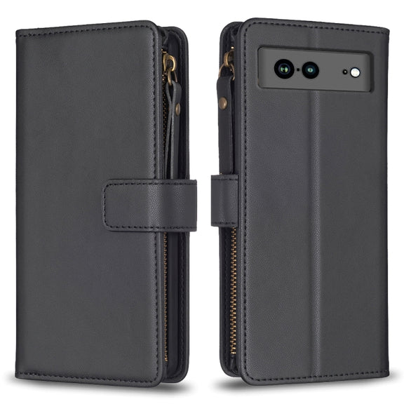 For Google Pixel 7a 9 Card Slots Zipper Wallet Leather Flip Phone Case(Black)