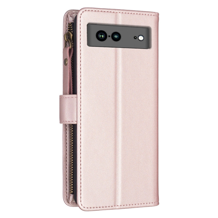 For Google Pixel 7a 9 Card Slots Zipper Wallet Leather Flip Phone Case(Rose Gold)