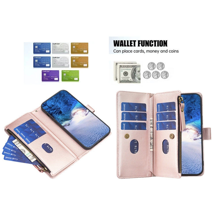 For Google Pixel 7a 9 Card Slots Zipper Wallet Leather Flip Phone Case(Rose Gold)