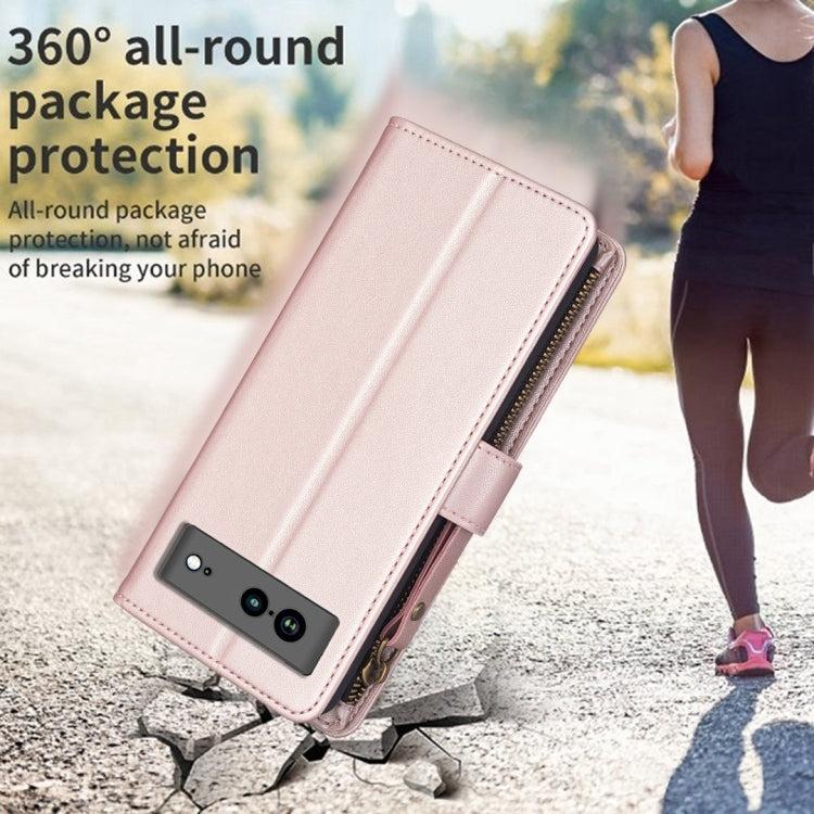 For Google Pixel 7a 9 Card Slots Zipper Wallet Leather Flip Phone Case(Rose Gold)