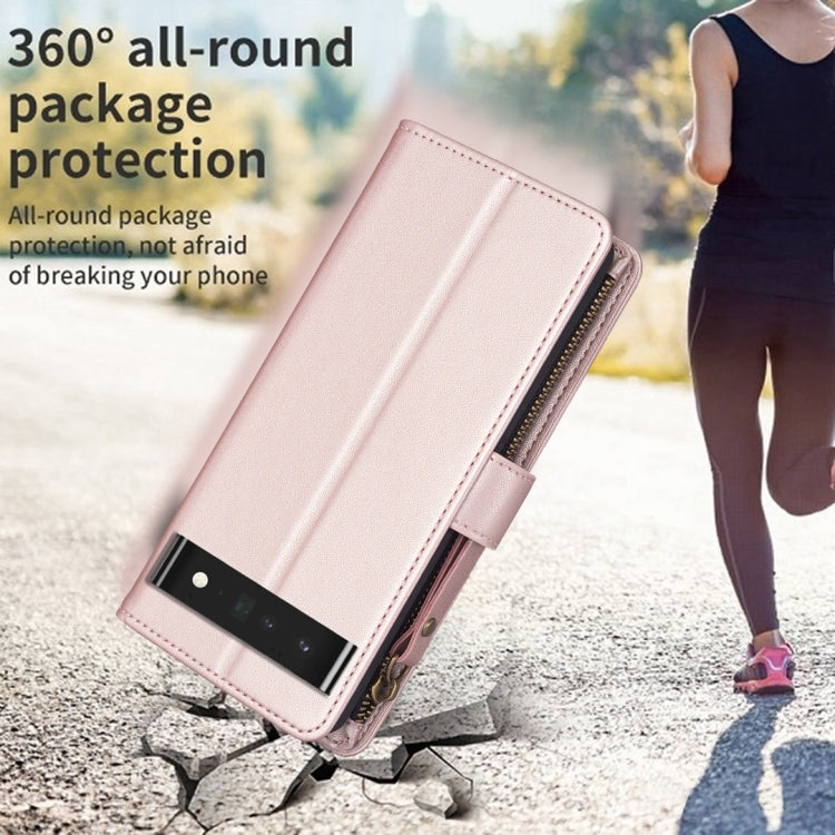 For Google Pixel 7 Pro 9 Card Slots Zipper Wallet Leather Flip Phone Case(Rose Gold)