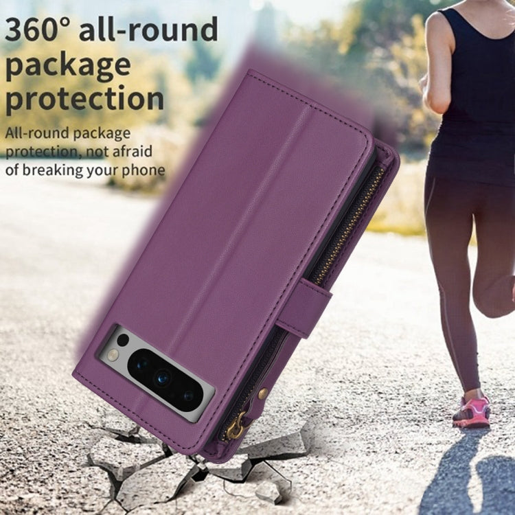 For Google Pixel 8 Pro 9 Card Slots Zipper Wallet Leather Flip Phone Case(Dark Purple)