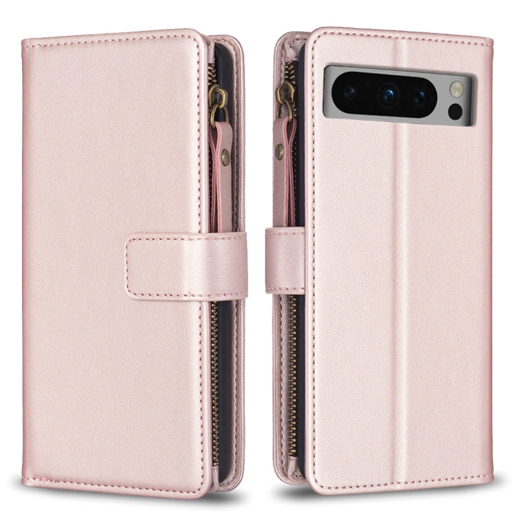 For Google Pixel 8 Pro 9 Card Slots Zipper Wallet Leather Flip Phone Case(Rose Gold)
