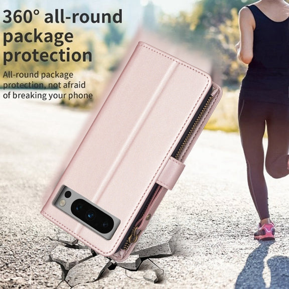 For Google Pixel 8 Pro 9 Card Slots Zipper Wallet Leather Flip Phone Case(Rose Gold)