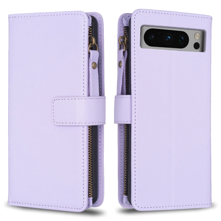 For Google Pixel 8 Pro 9 Card Slots Zipper Wallet Leather Flip Phone Case(Light Purple)