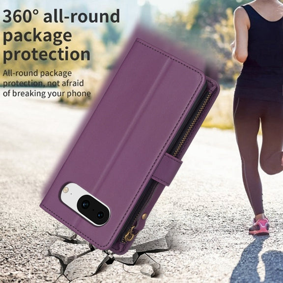 For Google Pixel 8 9 Card Slots Zipper Wallet Leather Flip Phone Case(Dark Purple)