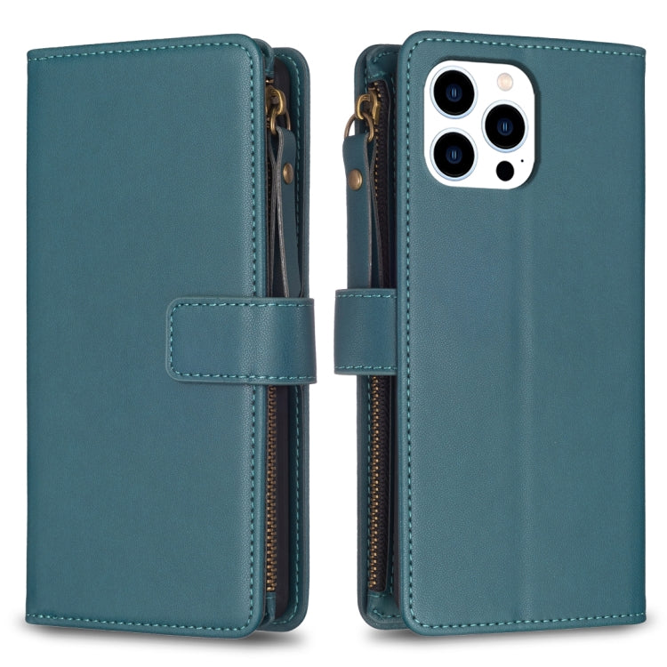 For iPhone 16 Pro Max 9 Card Slots Zipper Wallet Leather Flip Phone Case(Green)