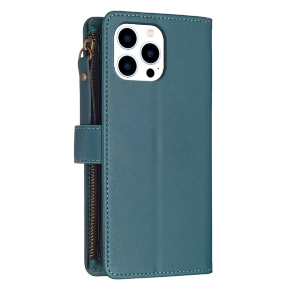 For iPhone 16 Pro Max 9 Card Slots Zipper Wallet Leather Flip Phone Case(Green)