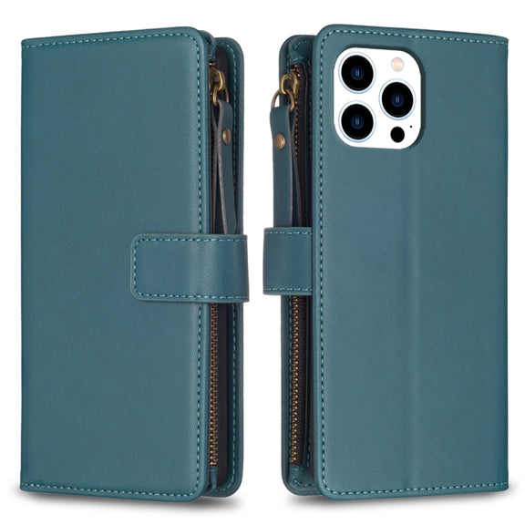 For iPhone 16 Pro Max 9 Card Slots Zipper Wallet Leather Flip Phone Case(Green)