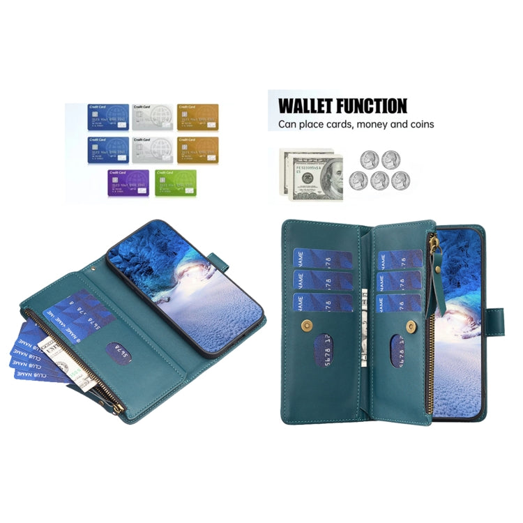 For iPhone 16 Pro Max 9 Card Slots Zipper Wallet Leather Flip Phone Case(Green)