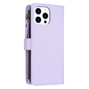 For iPhone 16 Pro 9 Card Slots Zipper Wallet Leather Flip Phone Case(Light Purple)