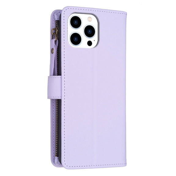 For iPhone 16 Pro 9 Card Slots Zipper Wallet Leather Flip Phone Case(Light Purple)