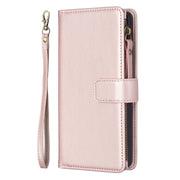 For iPhone 16 Plus 9 Card Slots Zipper Wallet Leather Flip Phone Case(Rose Gold)