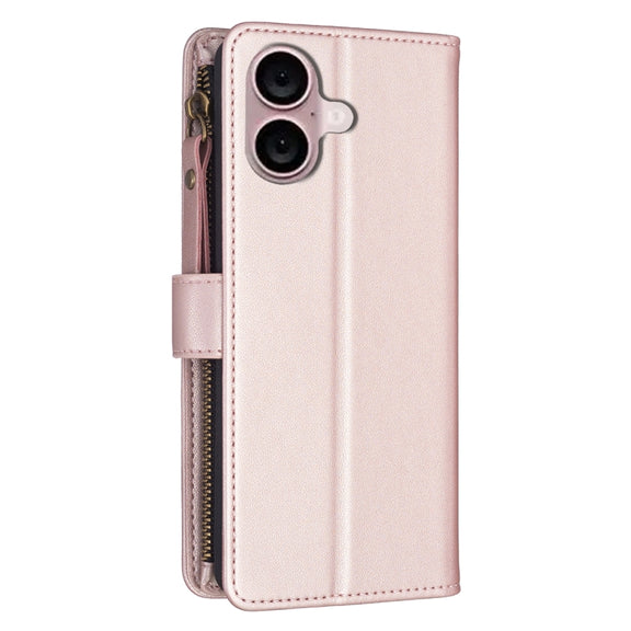 For iPhone 16 Plus 9 Card Slots Zipper Wallet Leather Flip Phone Case(Rose Gold)