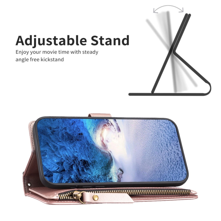 For iPhone 16 Plus 9 Card Slots Zipper Wallet Leather Flip Phone Case(Rose Gold)