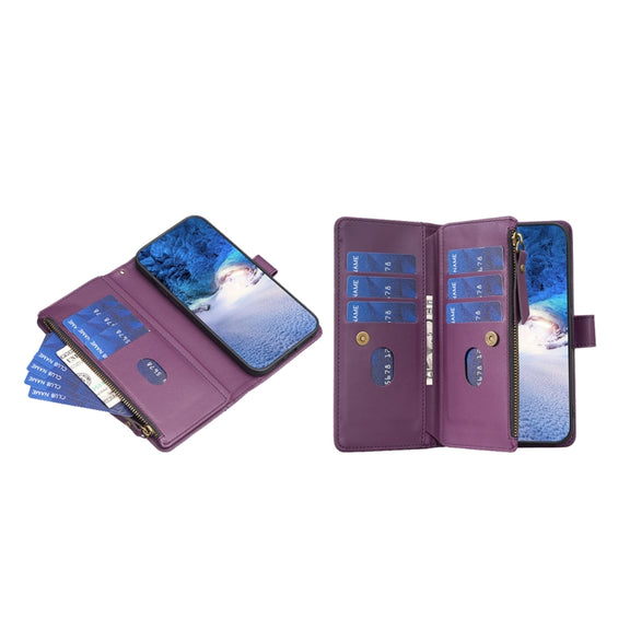 For iPhone 16 9 Card Slots Zipper Wallet Leather Flip Phone Case(Dark Purple)