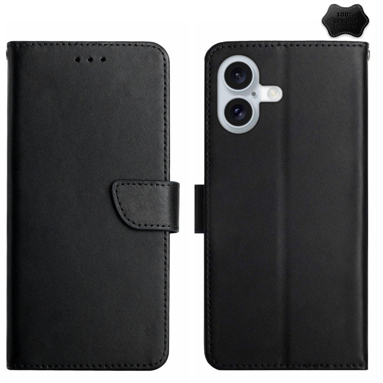 For iPhone 16 Plus Genuine Leather Fingerprint-proof Flip Phone Case(Black)