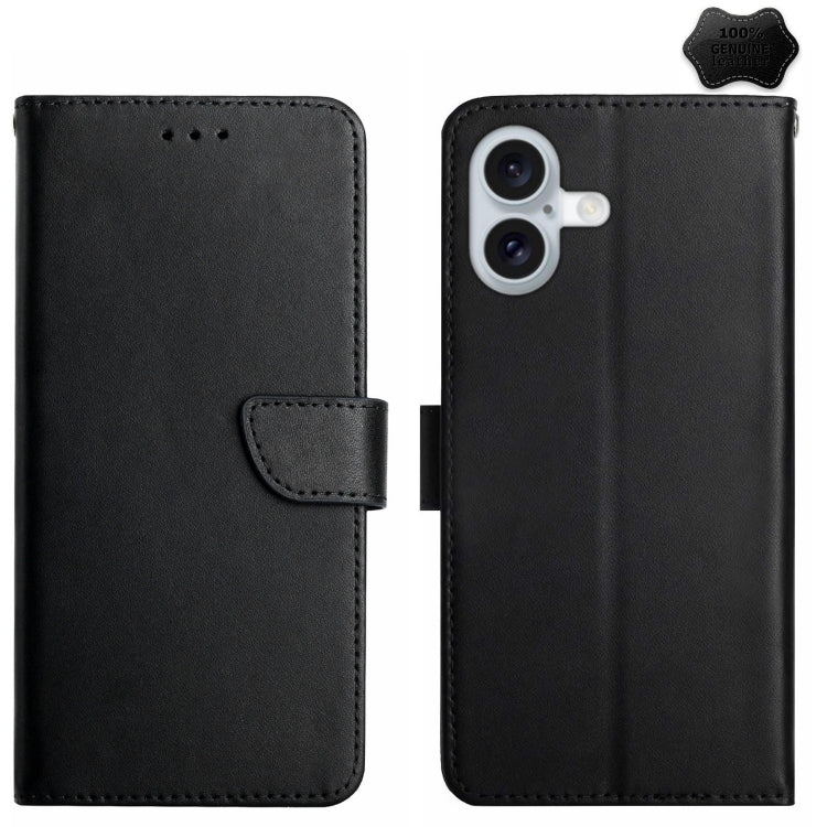 For iPhone 16 Genuine Leather Fingerprint-proof Flip Phone Case(Black)