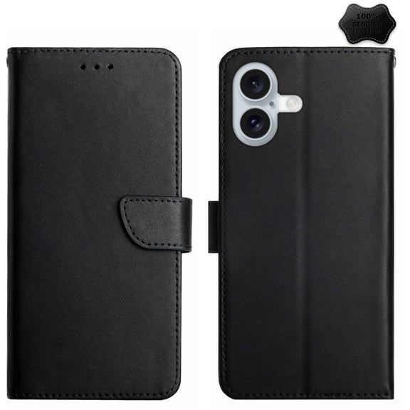 For iPhone 16 Genuine Leather Fingerprint-proof Flip Phone Case(Black)