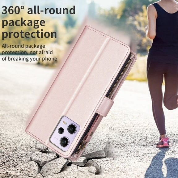For Xiaomi Redmi Note 12 Pro 9 Card Slots Zipper Wallet Leather Flip Phone Case(Rose Gold)