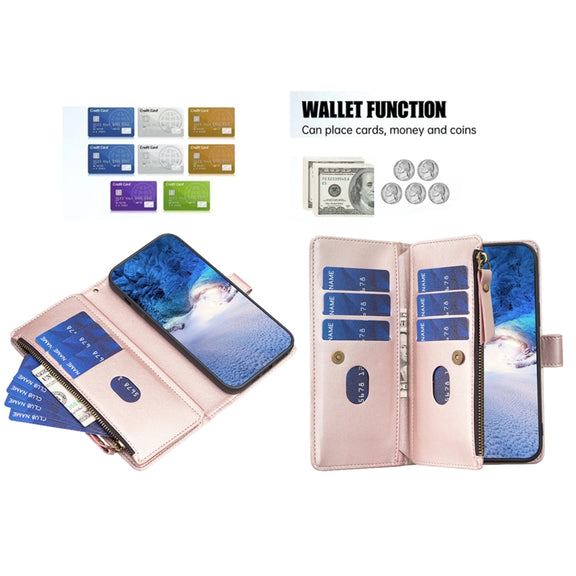 For Xiaomi Redmi Note 13 4G Global 9 Card Slots Zipper Wallet Leather Flip Phone Case(Rose Gold)