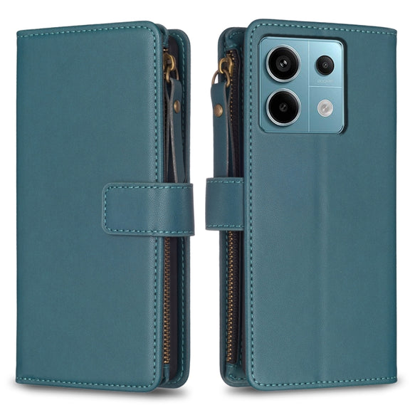 For Xiaomi Redmi Note 13 Pro 4G Global 9 Card Slots Zipper Wallet Leather Flip Phone Case(Green)