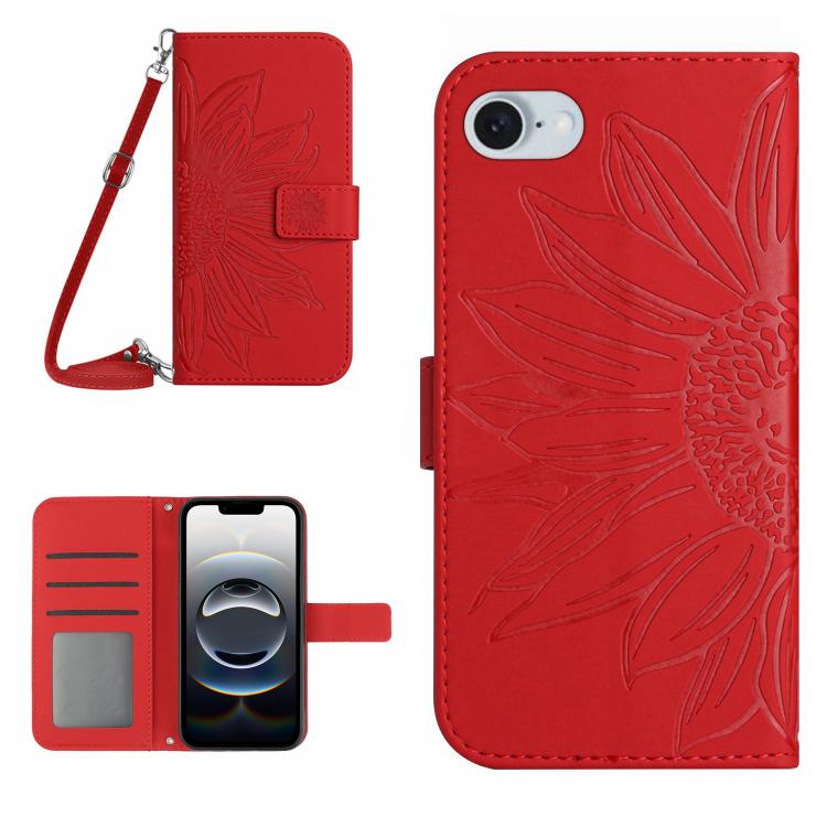 For iPhone SE 2024 Skin Feel Sun Flower Embossed Flip Leather Phone Case with Lanyard(Red)