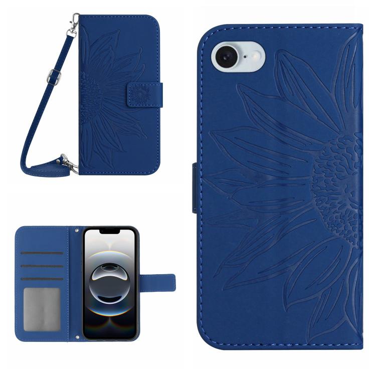 For iPhone SE 2024 Skin Feel Sun Flower Embossed Flip Leather Phone Case with Lanyard(Dark Blue)