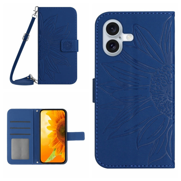 For iPhone 16 Skin Feel Sun Flower Embossed Flip Leather Phone Case with Lanyard(Dark Blue)
