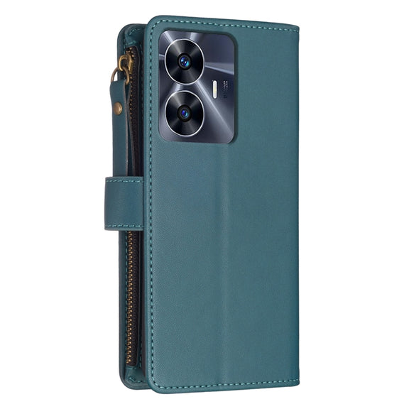 For Realme C55 9 Card Slots Zipper Wallet Leather Flip Phone Case(Green)