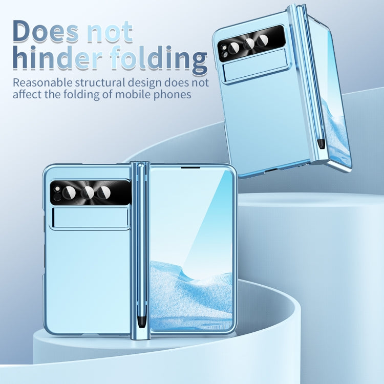 For Google Pixel Fold Integrated Electroplating Pen Slot Double Hinge Folding Phone Case with Stylus(Blue)