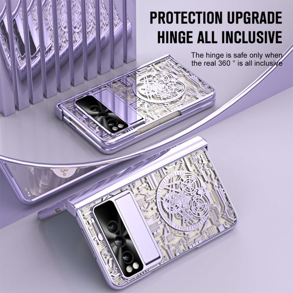 For Google Pixel Fold Mechanical Legend Integrated Electroplating All-inclusive Phone Case with Pen Slot(Purple)